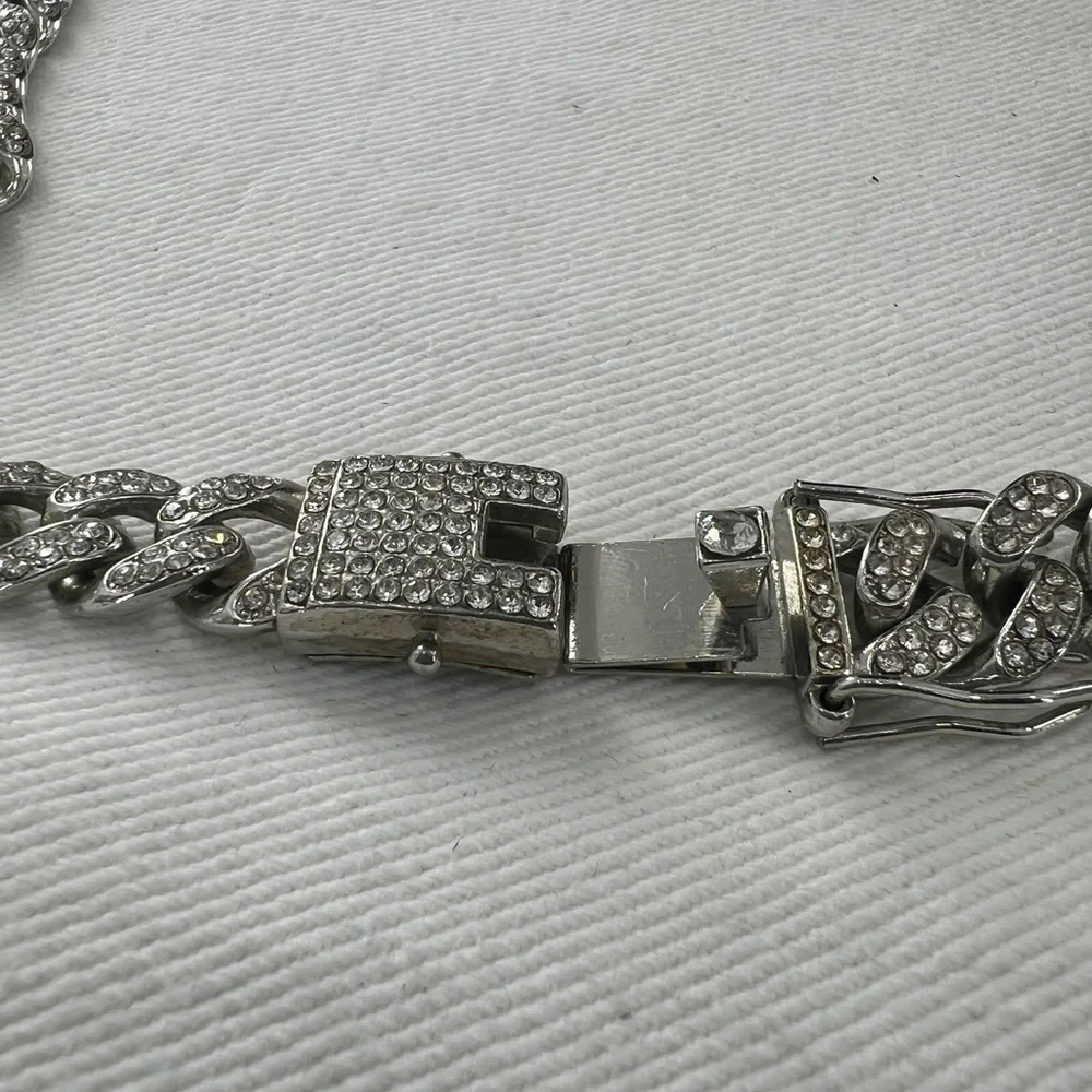 Miami Cuban Link Silver tone with rhinestones Necklace.